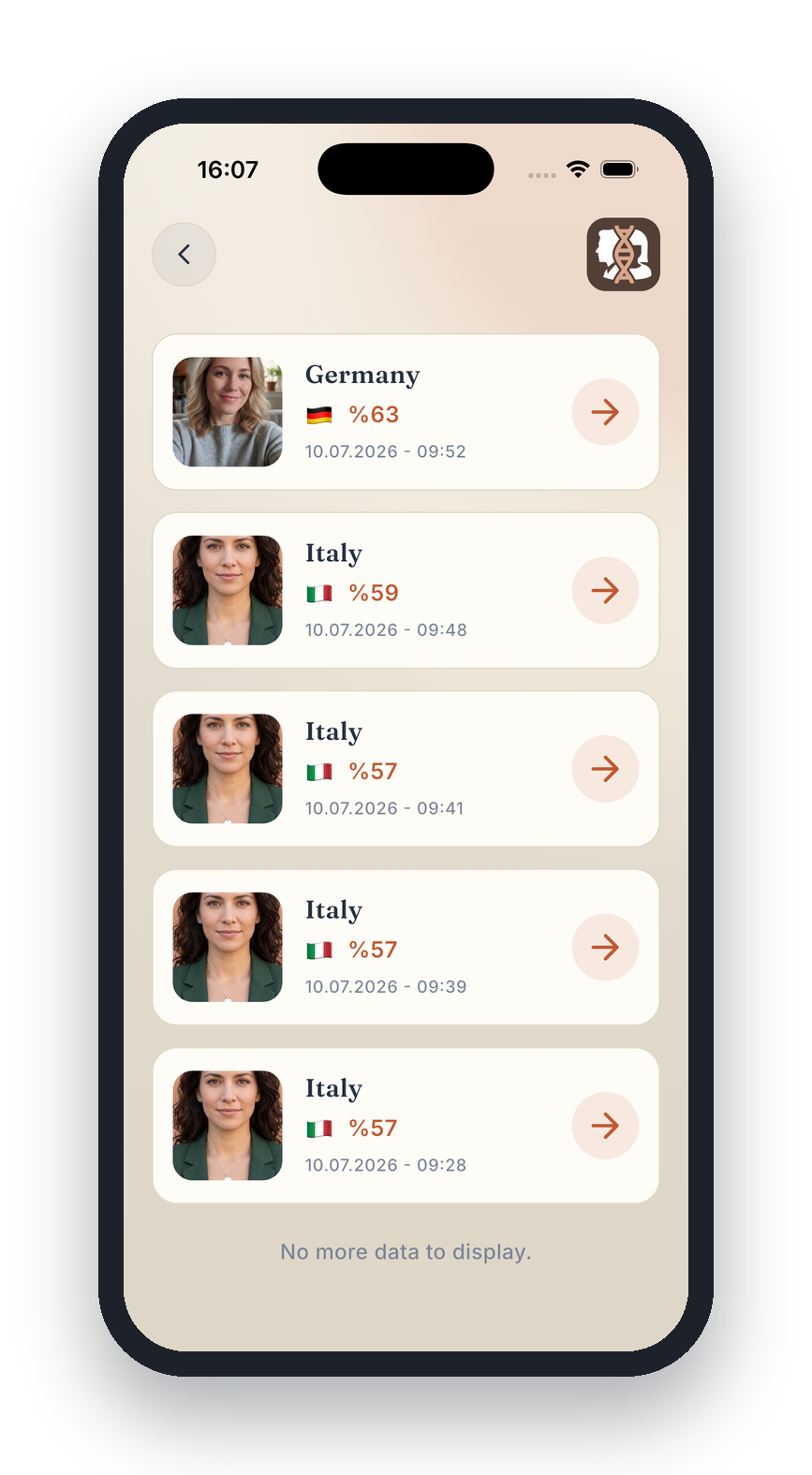 Analysis history screen